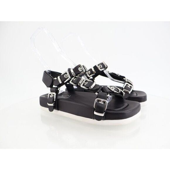 AGL Sandals Black Leather Flatform Buckle Slingback Adjustable Size 38 8 Punk - Picture 1 of 13